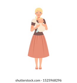 Mom wears a sling with a baby character Illustration Vector