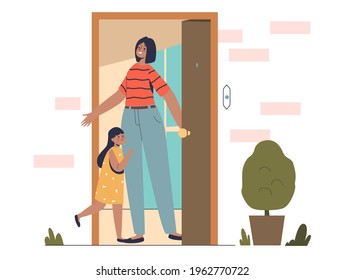 Mom welcomes little daughter at home at front door after school. Mother meeting small girl kid. Parents and children at home concept. Cartoon flat vector illustration