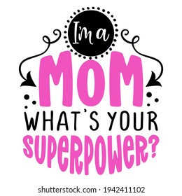 I Am A Mom, What Is Your Superpower? - Vector Mother's Day Greetings Card With Hand Lettering. White Brush Text On Isolated White Background With Speech Bubble. Happy Mother's Day Greeting Card.