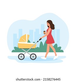 Mom wheeling stroller in park.  Woman walking with baby carriage in city park. Outdoor activity. Coffee in the hand.Vector illustration.Vector flat illustration