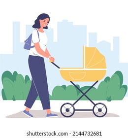 Mom wheeling stroller in park. Young woman walking with baby. Baby in stroller. Vector flat illustration