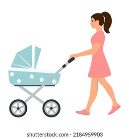 Mom wheeling stroller. Woman walking with baby carriage.Vector illustration isolated on white background