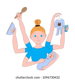 Mom who manages everything. Mother in the decree. Vector illustration for a post, blog, postcard, poster.