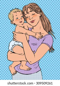 Mom woman with a baby in her arms. Modern joyful girl