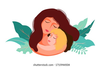Mom woman embracing her child girl. Vector image for Mothers day with hugging mum, kid and leaves