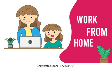 mom work from home happy illustration, simple and modern , good for banner, website background, printable at mug, t-shirt, card and etc.