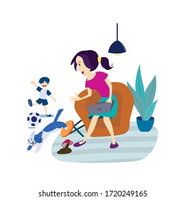 Mom work at home with naughty kid and cat, Mother work at home.