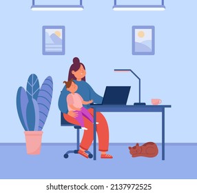 Mom working from home with baby in arms flat vector illustration. Happy new mother sitting at desk with funny kid or child, working online, using computer. Maternity, motherhood, freelance concept