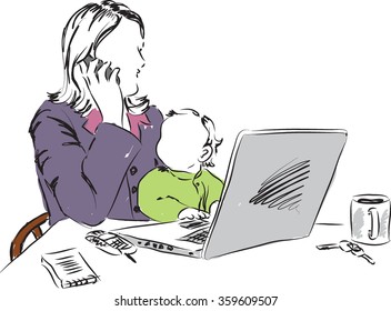 mom working at home with baby illustration