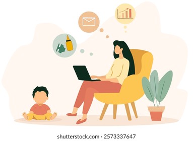 Mom working from home during maternity leave while caring for her child in a cozy, modern setting with essential work tools visible