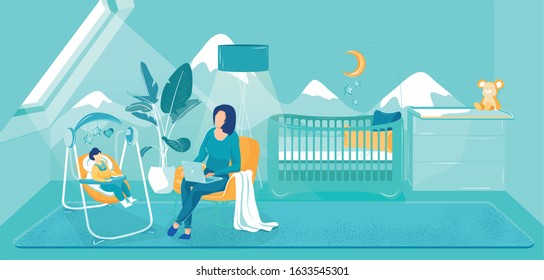 Mom Works at Computer in Children's Room Cartoon. Woman Sat across from her Son in Comfortable Chair. On her Lap she Place Laptop and Performed Firm Task. Crib and Changing Table near Wall.