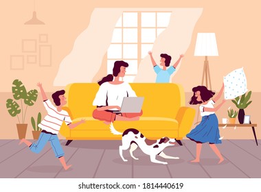 Mom works at home on a laptop while the children play with the dog and make noise. Difficulties of teleworking. Calm mom with annoying children