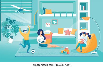 Mom Works in Laptop next to her Children, Banner. Son and Daughter are Playing in Room while Woman is Dealing with Company Affairs. She Works Remotely at Home and Spends Time with her Children.