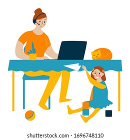 Mom works on the computer. Daughter plays cubes nearby. Stay home. Quarantine social distancing period of pandemic corona virus or covid-19.