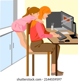 Mom works online on a computer at home and her little daughter hugs her demanding attention Vector