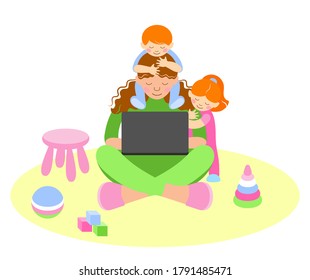 Mom works online on a laptop from home. A freelance worker with children working from home. The child sits on her neck. Motherhood and Career. Maternity leave. Vector flat cartoon illustration.