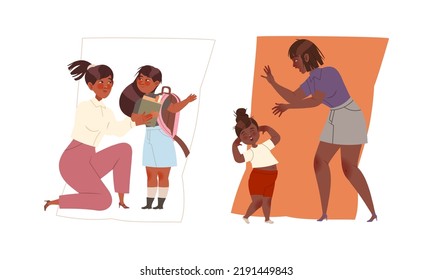 Mom Yelling at Her Daughter and Talking Standing on Her Knees as Bad and Good Relationship Between Parent and Little Kid with Vector Set