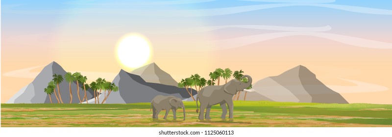 Mom and young elephants in African savannah. Mountains on the horizon. Realistic vector landscape. Nature and animals of Africa. Reserves and national parks.