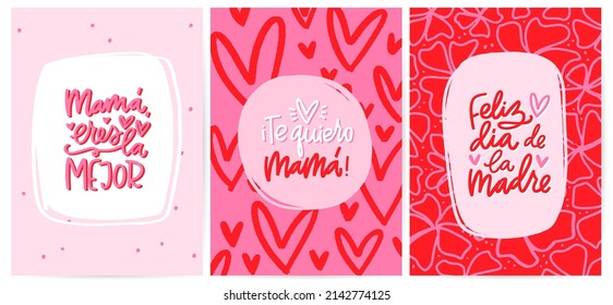 Mamá, eres la mejor, te amo y juego de cartas Happy Mother's Day en español. Diseño vector colorido y abstracto en rojo y rosa con fondo cardíaco, spot y floral y dibujado a mano 