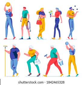 Moman Playing Basketball, Volleyball Flat Cartoon Illustration. Character with Bag, Flowers. Juggling Man, Repairman with Roller, Cleaning Windows. Old and Young People. Rescuer with Equipment.