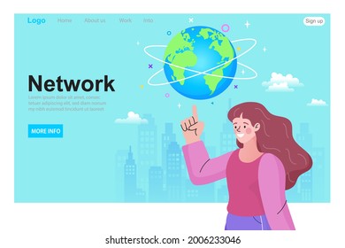 Moman pointing at globe. Global network connection. World map point and line composition concept of global business. Social media communication. technology, global data concept. Vector illustration.