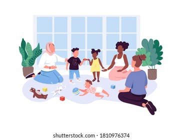 Mom-baby group flat color vector faceless characters. Mothers spend time with their children. Momunity. Motherhood. Mommy club isolated cartoon illustration for web graphic design and animation