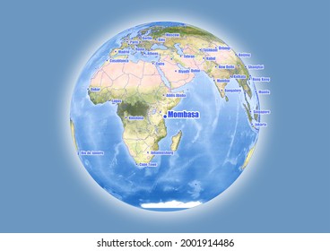 Mombasa-Kenya is shown on vector globe map. The map shows Mombasa-Kenya 's location in the world.