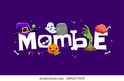 Mombie, cita de mamá zombi de Halloween o Anuncio de vacaciones para la noche de terror, Vector de dibujos animados. Halloween divertidos fantasmas kawaii, calabaza boo y mano zombie de tumba o lápida para cita o impresión de camiseta