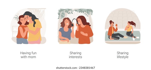 Mom-daughter relationship isolated cartoon vector illustration set. Having fun with mom, sharing interests, mother and daughter listening to music, healthy lifestyle, women jogging vector cartoon.