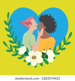 Las parejas de mujeres con un marco cardíaco adornado con flores blancas. Las parejas enamoradas tienen un íntimo momento de unión. Ilustración vectorial. Mes feliz del Orgullo.