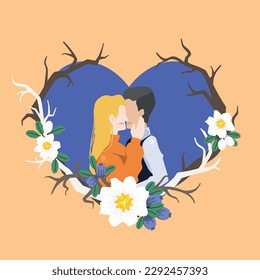 Momen couples in heart frame decorated with white flowers and branches.Couples in love have close intimate bonding moment.Vector illustration.Happy Pride Month.