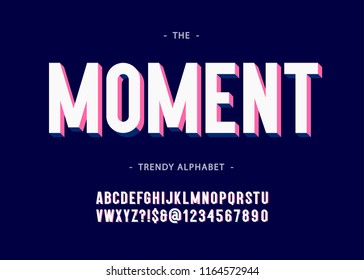 Moment alphabet 3d bold typography sans serif colorful style for poster, decoration, promotion, book, t shirt, sale banner, printing on fabric. Cool modern typeface. Trendy font. Vector 10 eps