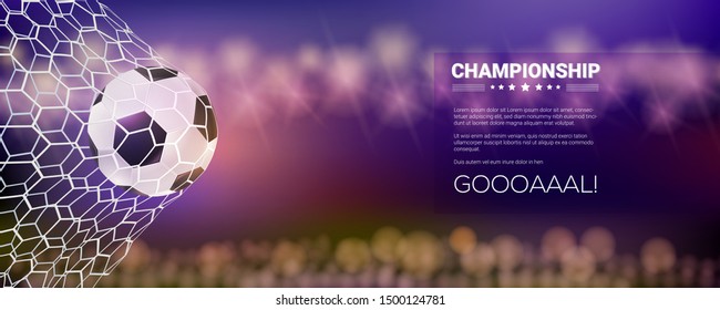 Moment with ball in the net. Football game. Match goal into mesh. Soccer ball in goal. Template for football or soccer games, tournaments, championships, posters, invitations 3D illustration