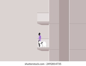A Moment of Calm on the Balcony, A character and their Samoyed dog stand outside, looking out at the city