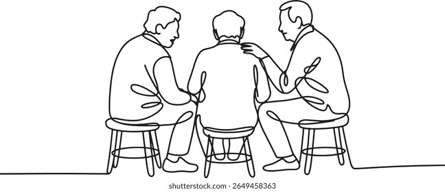 A Moment of Comfort Single Line Drawing Three Men Offering Support and Friendship During Difficult Times Depicted Simply