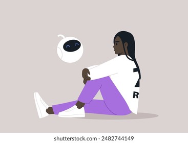 A Moment of Contemplation With an AI Companion, A young person sits on the floor with legs crossed, deep in thought, A small, round robot with blue eyes floats nearby, offering advice