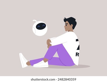 A Moment of Contemplation With an AI Companion, A young person sits on the floor with legs crossed, deep in thought, A small, round robot with blue eyes floats nearby, offering advice