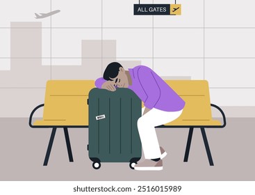 Em um momento de exaustão, um viajante dorme pacificamente em sua bagagem no aeroporto, buscando conforto em meio ao caos de um atraso de voo, cercado por um terminal vazio