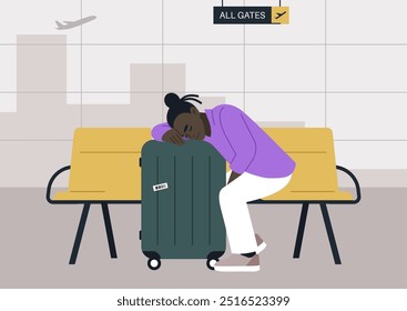 Em um momento de exaustão, um viajante dorme pacificamente em sua bagagem no aeroporto, buscando conforto em meio ao caos de um atraso de voo, cercado por um terminal vazio