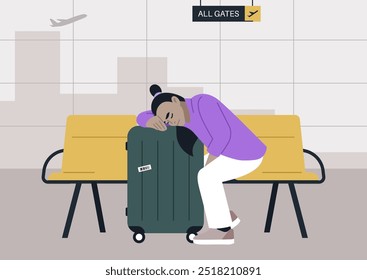 Em um momento de exaustão, um viajante dorme pacificamente em sua bagagem no aeroporto, buscando conforto em meio ao caos de um atraso de voo, cercado por um terminal vazio