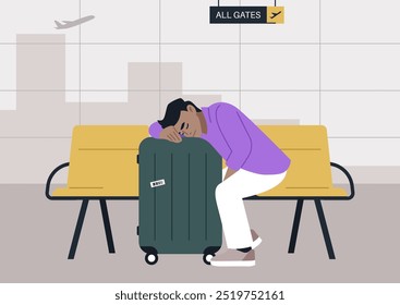 In a moment of exhaustion, a traveler peacefully sleeps on their luggage at the airport, seeking comfort amidst the chaos of a flight delay, surrounded by an empty terminal