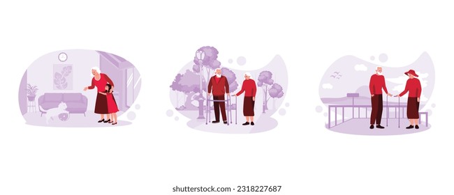 The moment the grandson hugs Grandma and plays with the cat. Portrait of an elderly couple walking with walkers in the park. An elderly couple was standing with sticks on the beach railing. Trend Mode