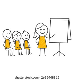 A Moment of Interaction Where an Instructor Figure Conveys Information While Standing and Using a Whiteboard.