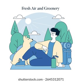 A moment of joy in nature with a person and their dog enjoying the fresh air and greenery. Perfect for themes of outdoor relaxation, companionship, and the joy of hiking and exploring. Vector