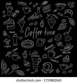 A moment of pleasure - a cup of aromatic coffee with a delicious dessert. Beautiful design and a large assortment of coffee drinks. Black background. Vector graphics. 