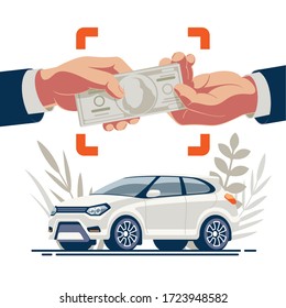 The moment of purchase of the car by the buyer and transfer of money from hands to hands against the background of the vehicle.