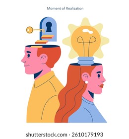 Moment of Realization concept. This illustration captures the awakening of ideas represented by a light bulb and key unlocking the mind. It symbolizes creativity and insight in decision-making. Vector