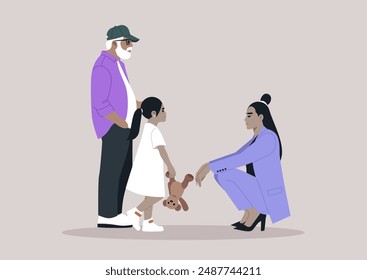 A Moment of Transition, A Young kid Meets Her caregiver, She stands with her grandfather as she prepares to meet her mother, The woman is seated on the floor, looking toward her