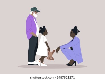 A Moment of Transition, A Young kid Meets Her caregiver, She stands with her grandfather as she prepares to meet her mother, The woman is seated on the floor, looking toward her