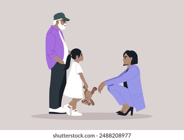 A Moment of Transition, A Young kid Meets Her caregiver, She stands with her grandfather as she prepares to meet her mother, The woman is seated on the floor, looking toward her